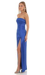 Satin Pleated Strapless Maxi Dress in Royal Blue