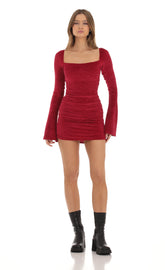 Velvet Pleated Bell Sleeve Dress in Red