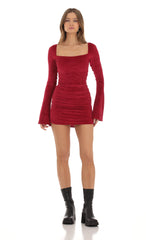 Velvet Pleated Bell Sleeve Dress in Red
