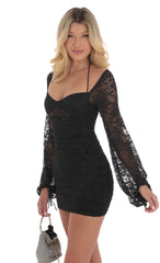 Shimmer Lace Ruched Long Sleeve Dress in Black