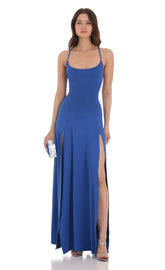 Rhinestone Slit Maxi Dress in Blue