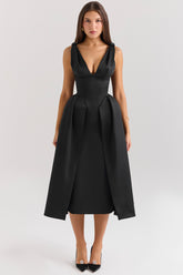 black satin twist strap midi dress