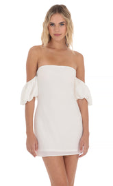 Off Shoulder Puff Sleeve Dress in White