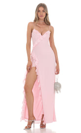 Ruffle V-Neck Maxi Dress in Pink