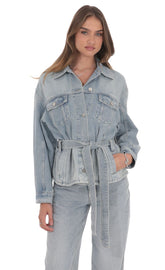 Oversized Belted Denim Jacket in Light Blue