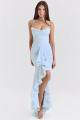 ice blue mesh ruffled front gown
