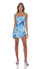 Floral Ruffled Slit Dress in Blue