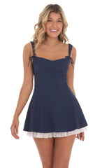 Bow Strap Shimmer Ruffle Dress in Navy