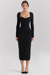 black stretch crepe long sleeve midi dress
