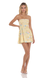 White Trim Floral Fit and Flare Dress in Yellow