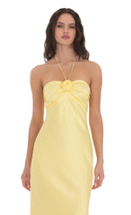 Satin Halter Flower Maxi Dress in Yellow