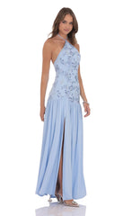 Drop Waist Sequin Maxi Dress in Light Blue