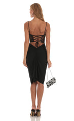 Mesh Shimmer Cutout Midi Dress in Black