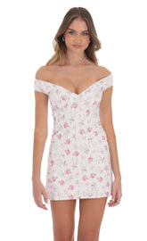 Off Shoulder Lace Floral Dress in White