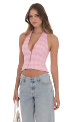 Plaid V-Neck Halter Top in Pink