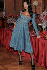 blue tartan midi dress