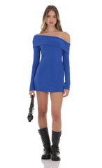 Ribbed Off Shoulder Dress in Blue