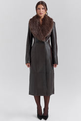 brown faux fur trimmed vegan leather coat