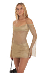 Shimmer Fishnet Off Shoulder Dress in Gold