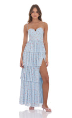 Floral Mesh Ruffle Maxi Dress in Blue