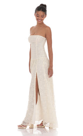 Lace Sequin Drop Waist Maxi Dress in Cream