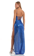 Sequin Cowl Neck Maxi Dress in Blue