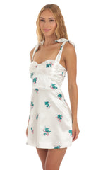 Satin Floral Dress in White