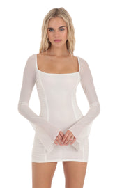 Shimmer Mesh Ruched Bodycon Dress in White