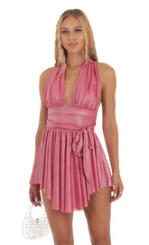Shimmer Ruched Halter Dress in Pink