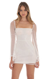 Sequin Flare Sleeve Dress in White