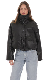 Faux Leather Cropped Puffer Jacket in Black
