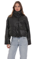 Faux Leather Cropped Puffer Jacket in Black
