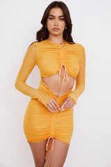 orange ruched mesh long sleeve cutout mini dress