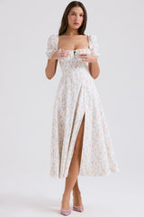 white posy print cotton puff sleeve midi sundress