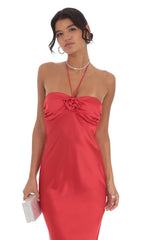 Satin Halter Flower Maxi Dress in Red
