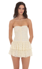 Lace Strapless Ruched Ruffle Dress in Cream