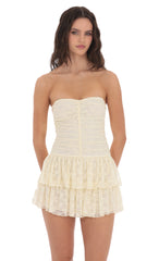 Lace Strapless Ruched Ruffle Dress in Cream