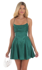 Draped Satin A-Line Dress in Green