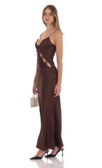 Satin Cutout Ties Maxi Dress in Brown