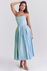 tuscan blue strapless midi sundress