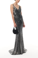 V-Neck Gunmetal Embroidered Sheath