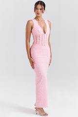 perfectly pink broderie anglais plunge maxi dress