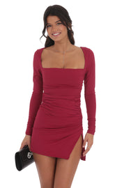 Long Sleeve Side Slit Dress in Red