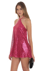 Sequin Halter Dress in Pink