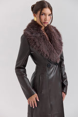 brown faux fur trimmed vegan leather coat