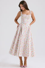 pale blue meadow print cotton midi sundress
