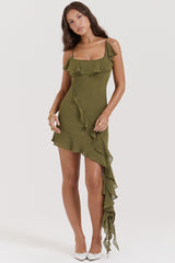 olive ruffle mini dress
