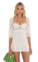 Floral Embroidered Chiffon Dress in White