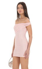 One Off Shoulder Mesh Bodycon Dress in Pink
