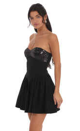 Sequin Strapless Fit and Flare Dress in Black